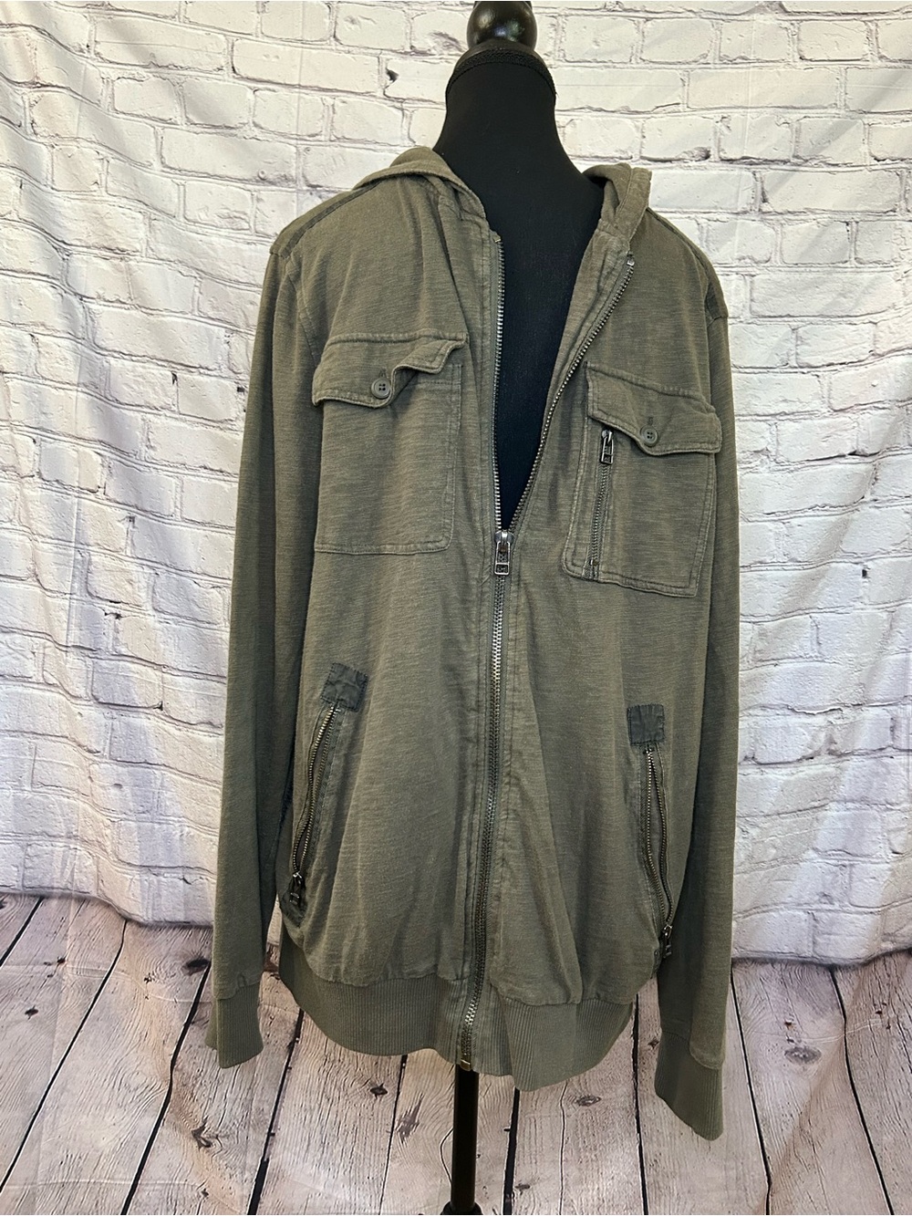 21men Olive Green Military Zip-Up Hooded Jacket
